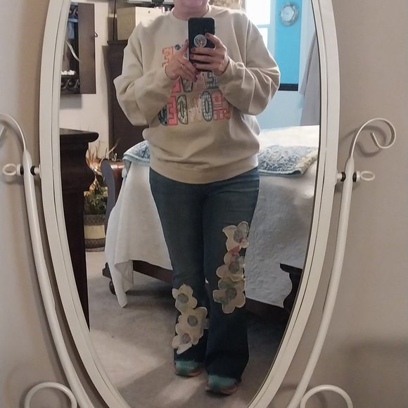 Hand crafted Jeanie made Denim - Appliqued Jeans using and Old Quilt